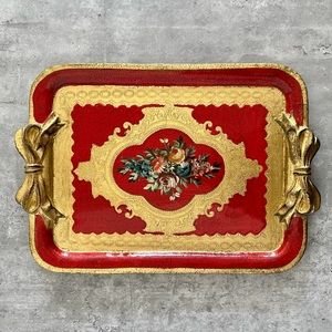 Florentine Gilded Serving Tray, Gold and Red Hand Carved and Painted Platter